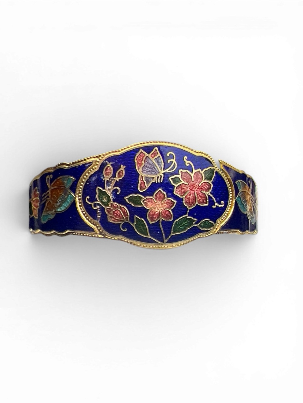 Cloisonne Butterfly‎ Floral Gold Tone Hinged Bracelet Enamel Bangle Vintage